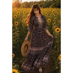 Wandering Into Autumn’s Embrace flowy floral boho kimono maxi dress M